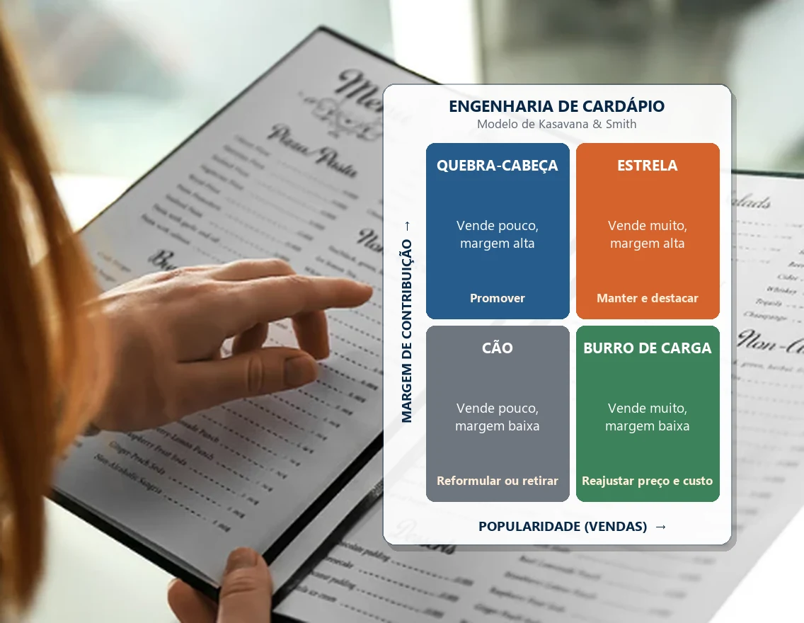 Pessoa apontando para um cardápio com a matriz de engenharia de cardápio de Kasavana e Smith: quebra-cabeça, estrela, cão e burro de carga